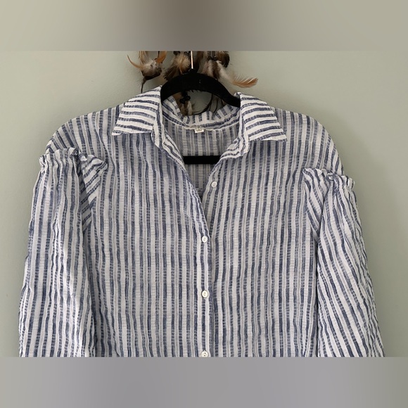 Umgee Button Up Blouse Women's Size S Blue White Striped Long Balloon Sleeves - Picture 3 of 16